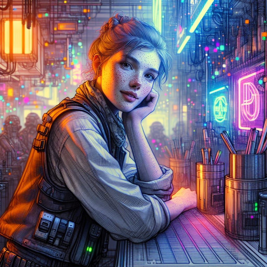 Sci-Fi Space Bounty Hunter in Cyberpunk Bar