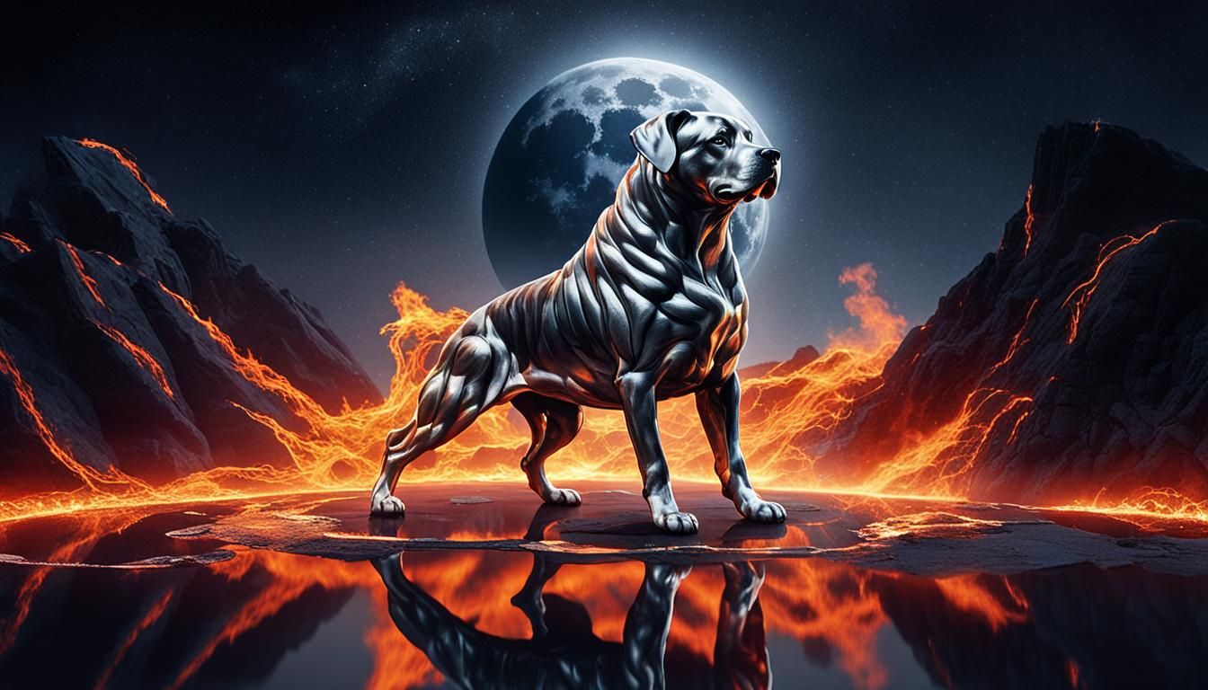 Double Exposure: Create an image of a powerful SPANISH ALANO standing tall and proud in a majestic ...