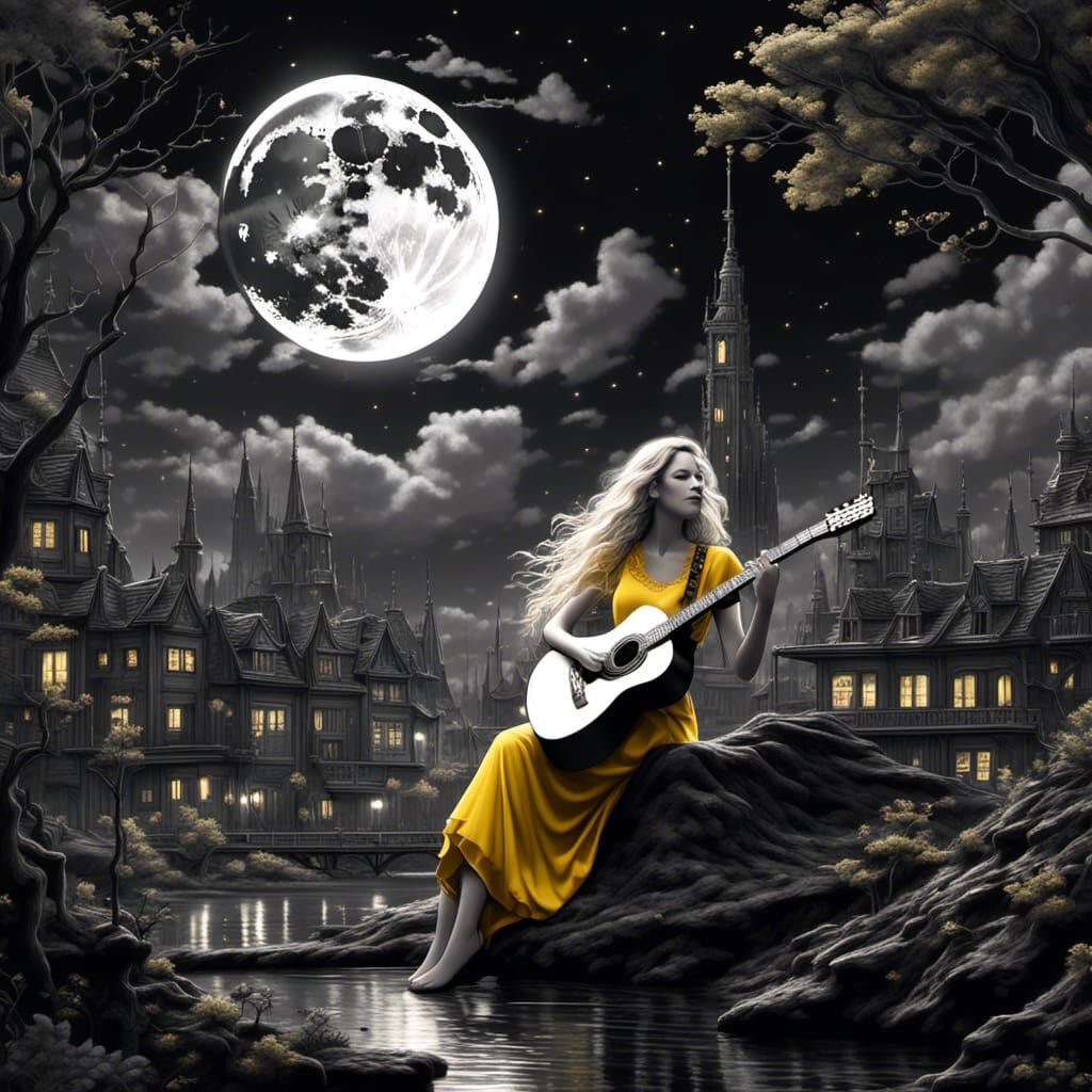 Woman Playing Guitar in Black and White New York