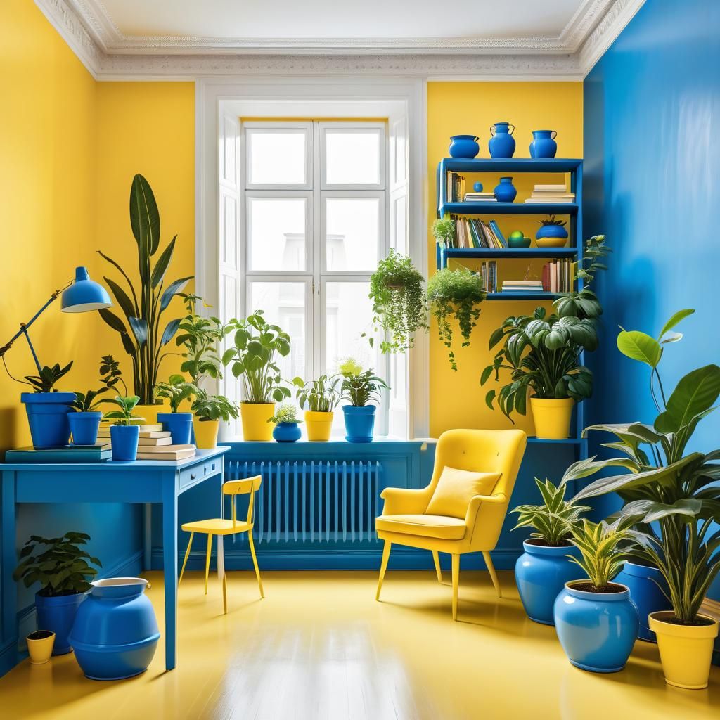 Minimalist Yellow Room with Plants and Blue Pots
