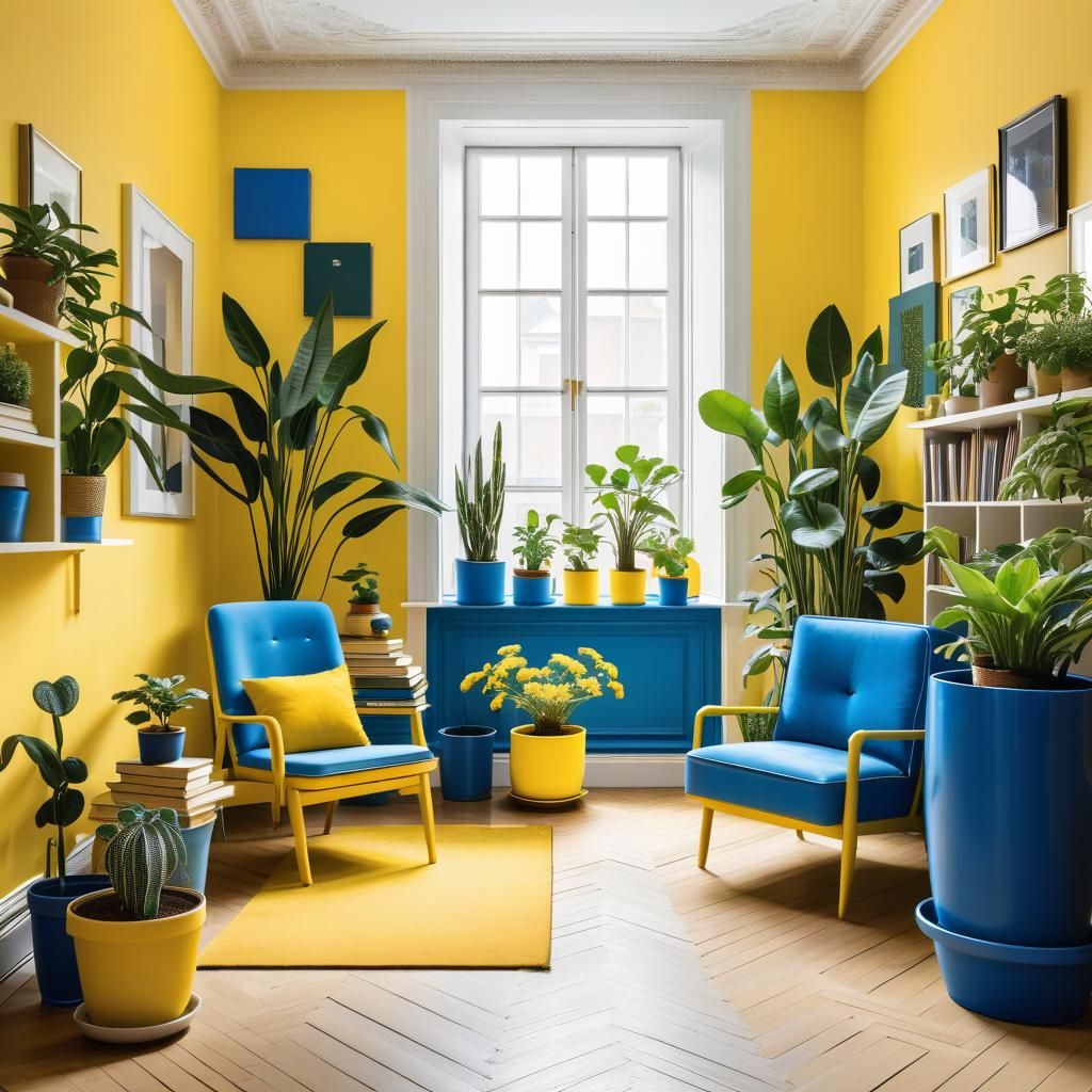 Minimalist Yellow Room with Chair and Blue Potted Plants