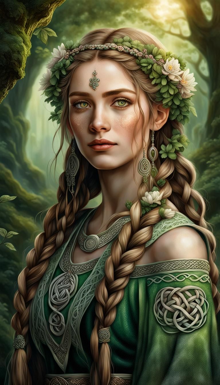 Celtic Woman Portrait in Mystical Forest, Fantasy Art