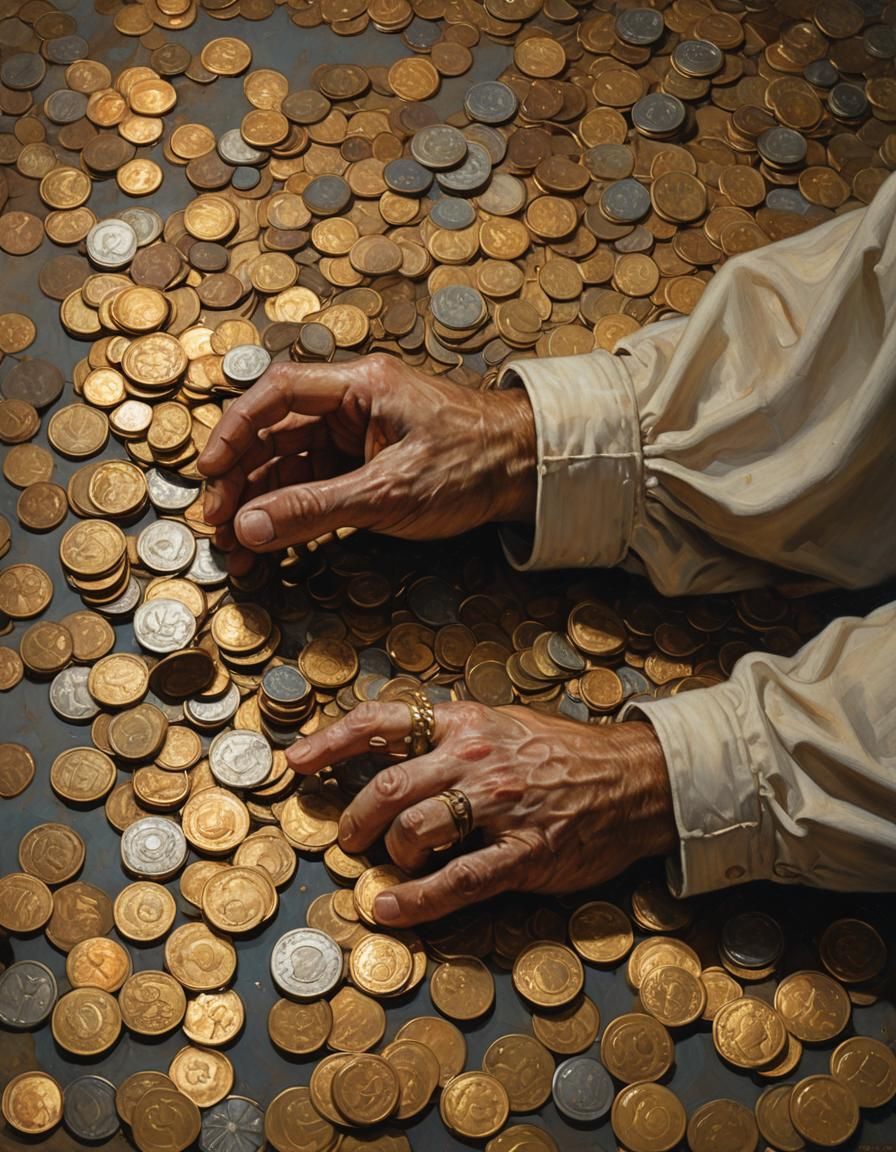 Man Surrounded by Coins in Dramatic Oil Painting
