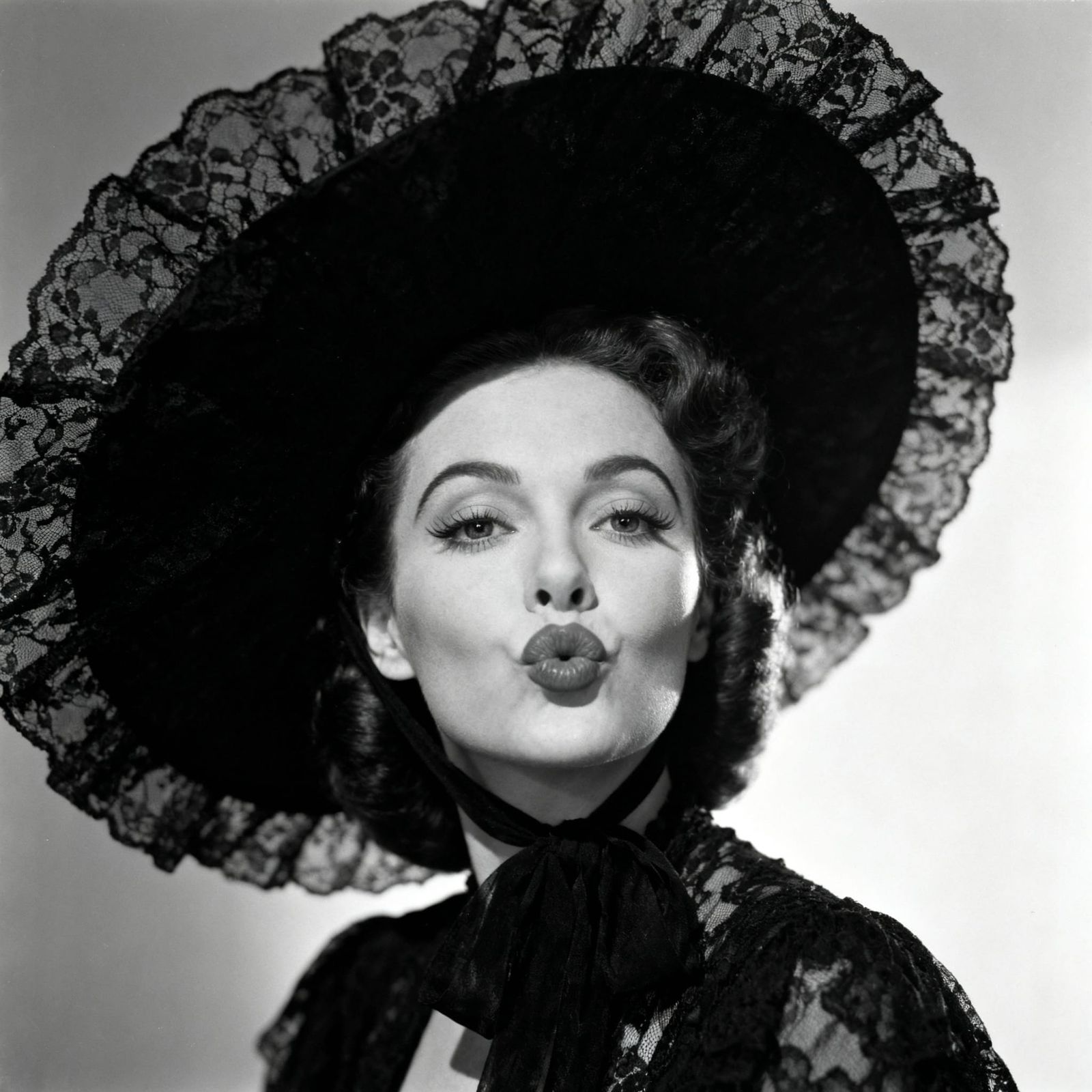 Elegant Woman in Black Lace Hat, Black and White Portrait