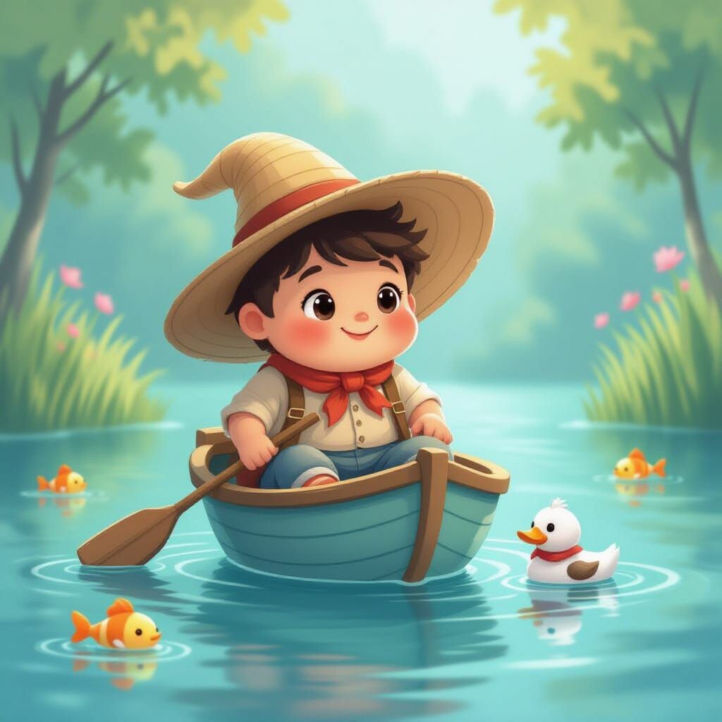 Whimsical Fisherman in Teacup Boat on Calm Lake
