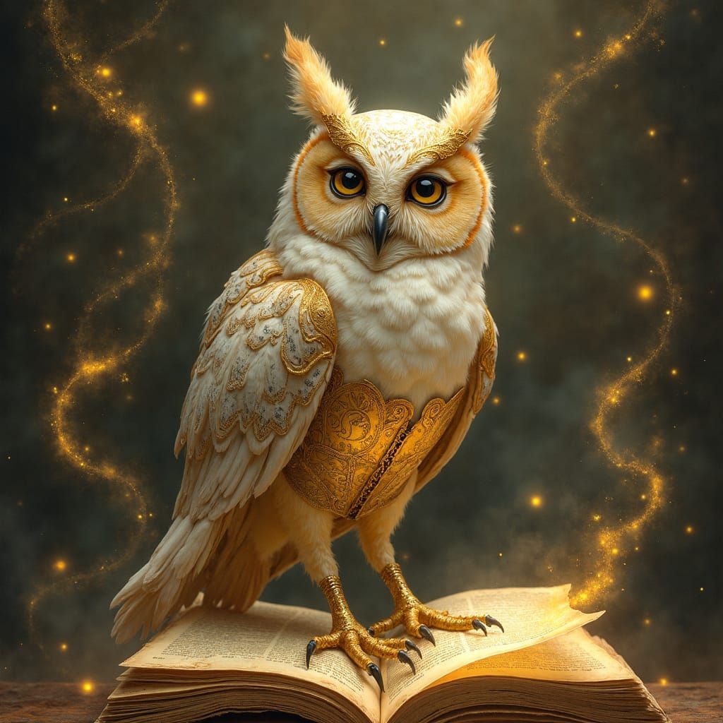 Elegant Anthropomorphic Owl Amidst Swirling Golden Magic