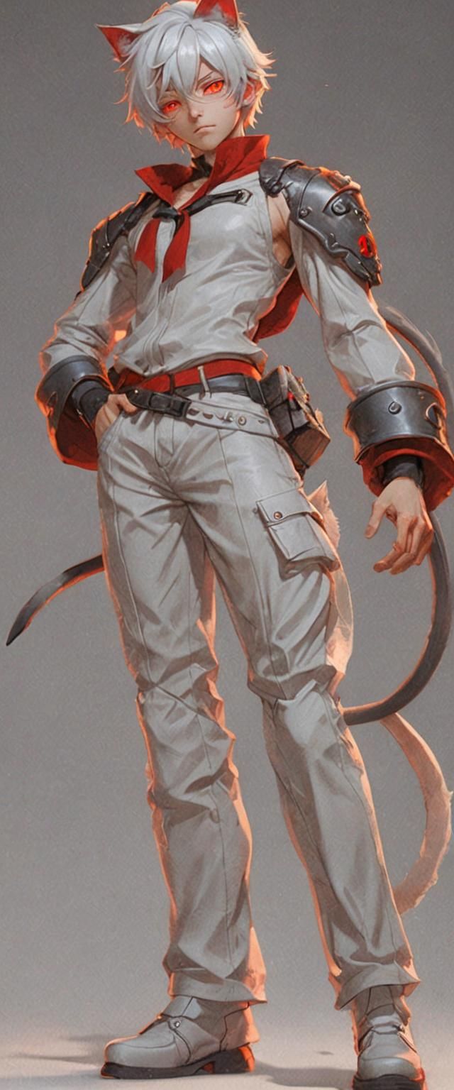 Anime Style Catboy with Red Eyes and White Hair