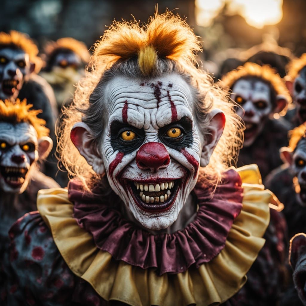 Zombie Monkey Clown with Evil Eyes in Horror Photo