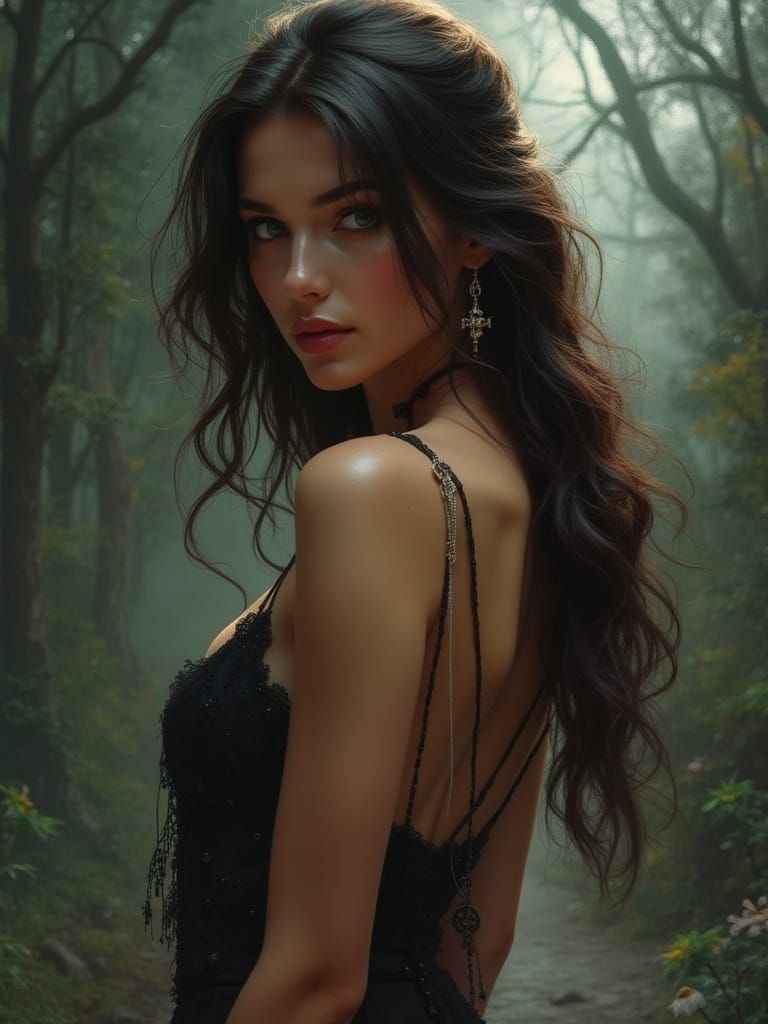 Elegant Brunette in Mystical Setting: Sensual Realism and Ro...