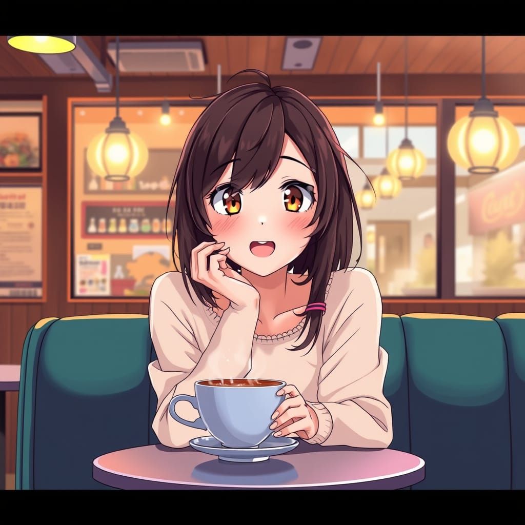 Delighted Cafe Patron in Vibrant Anime Style