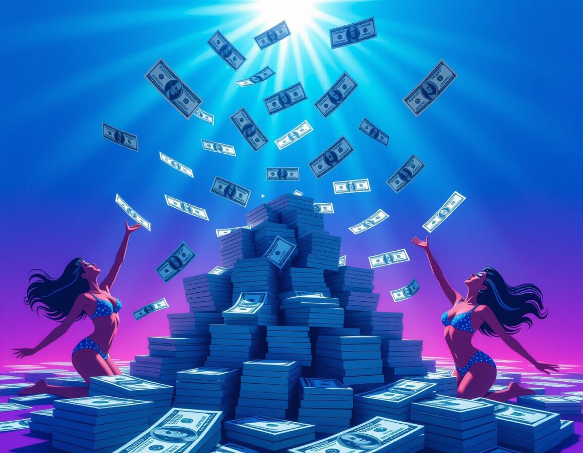 Money Raining Down with Playful Figures, Neon Lighting