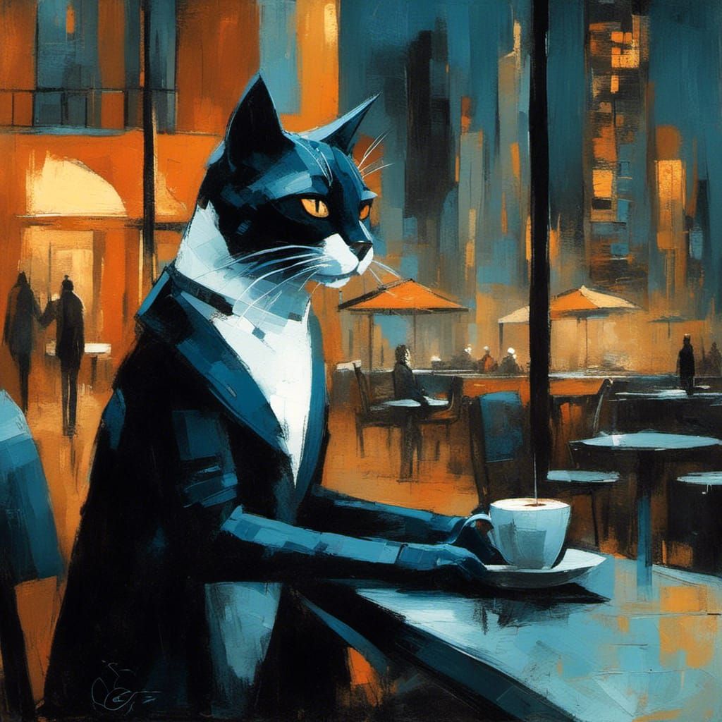 Cyberpunk Cat Enjoying Coffee in Neon City