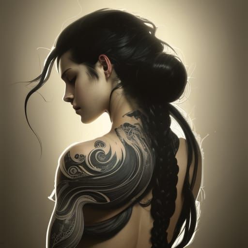 Monochrome Portrait of Tattooed Woman, Detailed Art