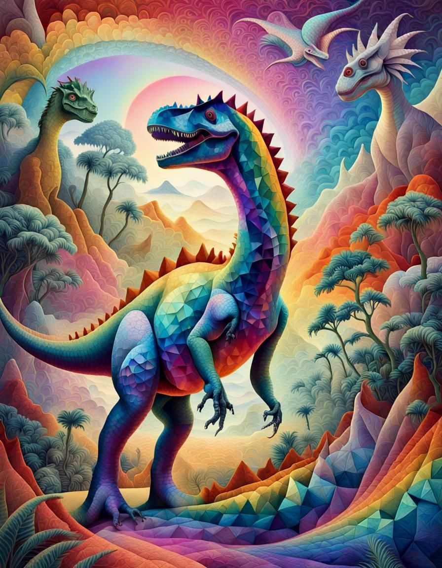 Vibrant Cubist Dinosaur in Ethereal Dreamscape
