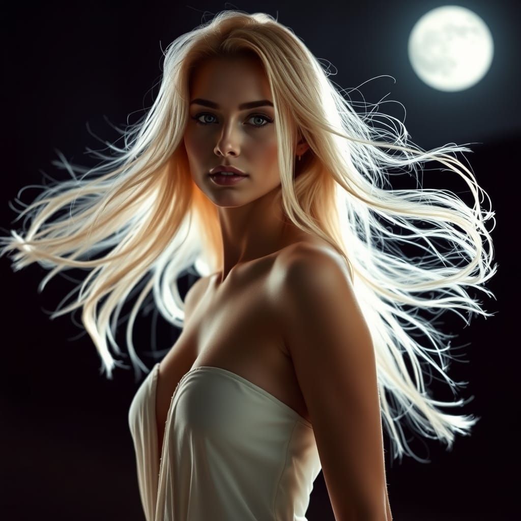Glamorous Supermodel in Moonlit Ethereal Glow