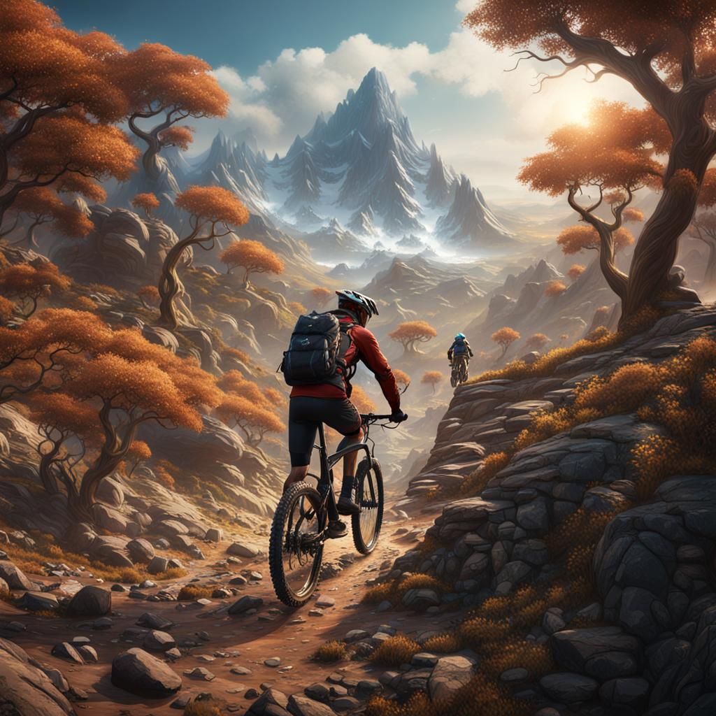 Mountain Biker on Mountain Trail in Detailed Matte Painting