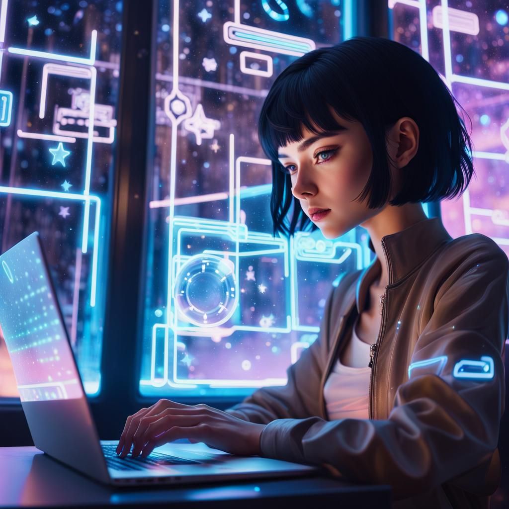 Anime Woman in Cyberpunk Cityscape Typing on Laptop