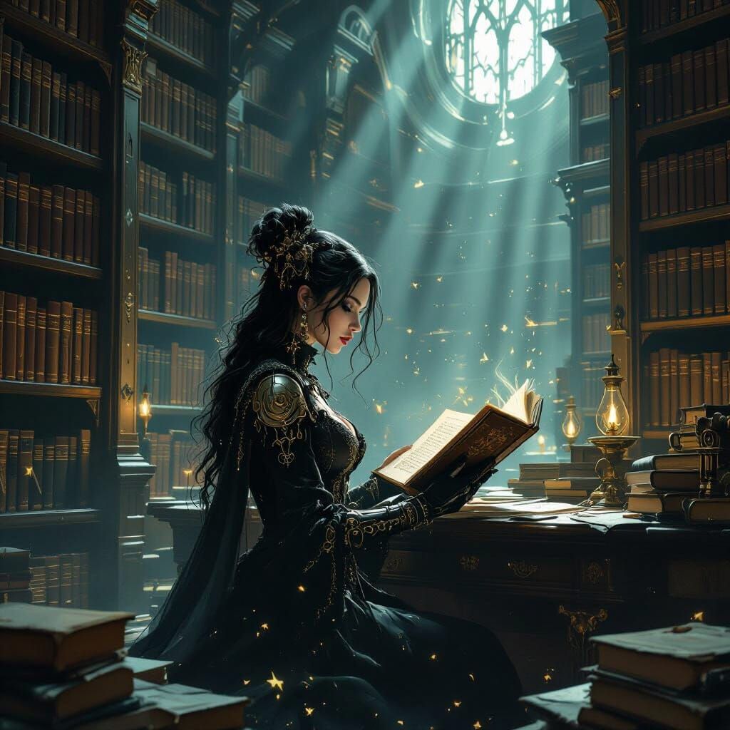 Sorceress in Steampunk Library, Art Nouveau & Giger Style