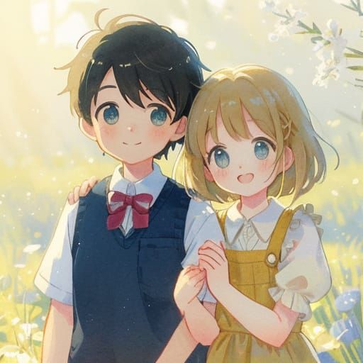 Serene Childhood Friends in Whimsical Watercolor Style