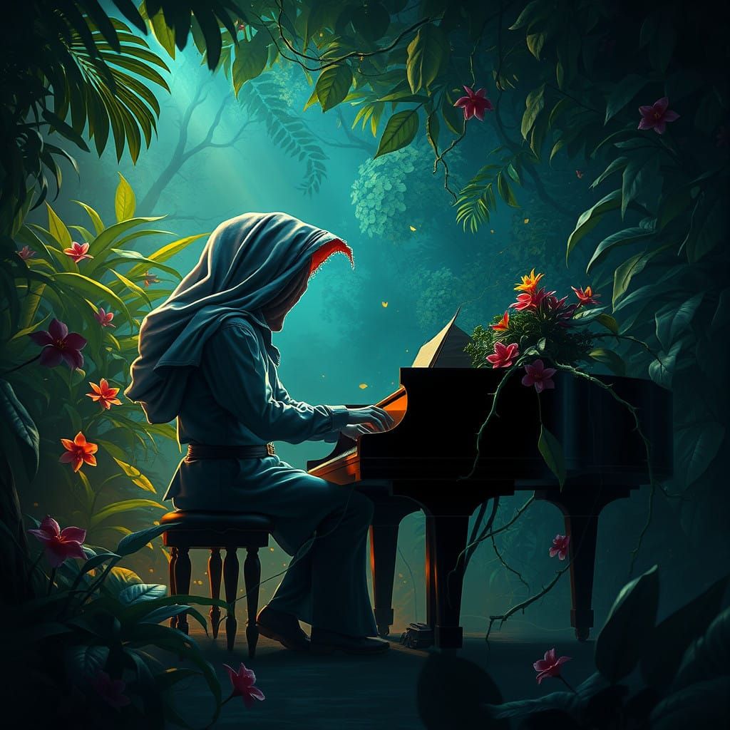 Spectral Pianist Amidst Lush Jungle, Lost in Bittersweet Mel...