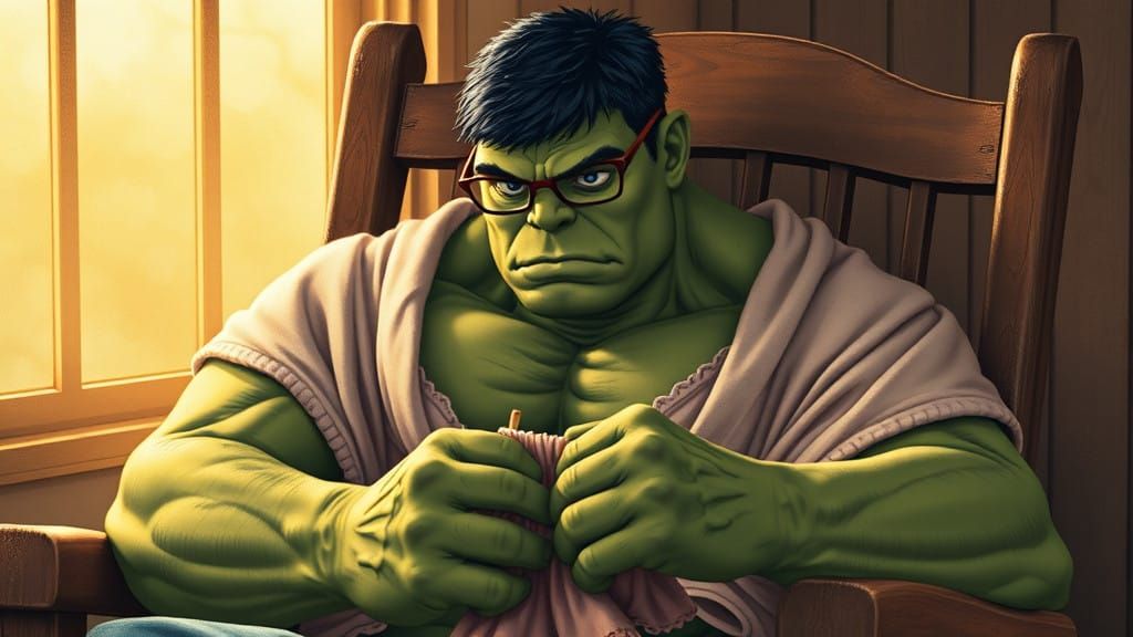 The Incredible Hulk in a Serene, Naive Landscape