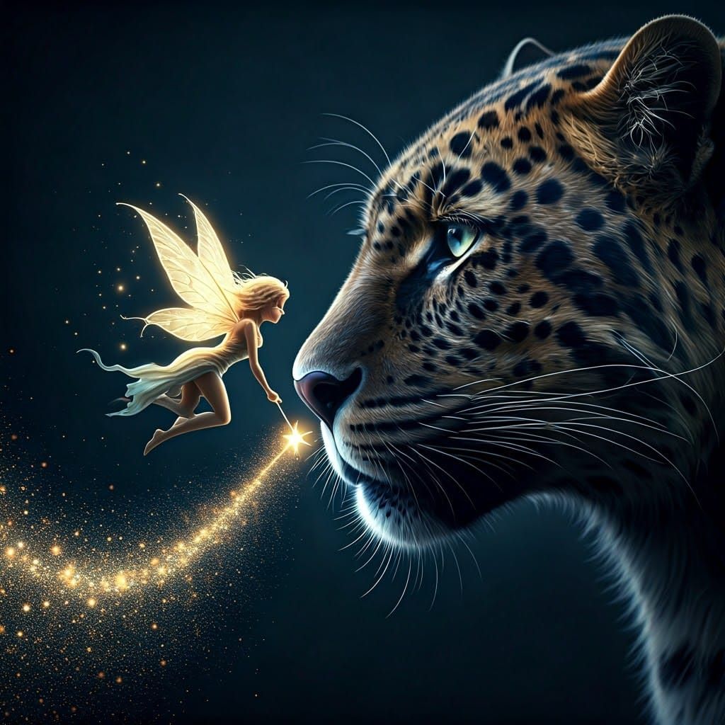 Luminescent Fairy Touches Black Panther Nose