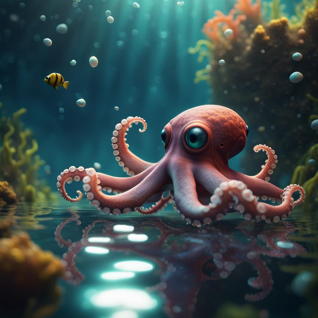 Octopus Gazing at Sunlight, Tropical Fish, Fantasy Art