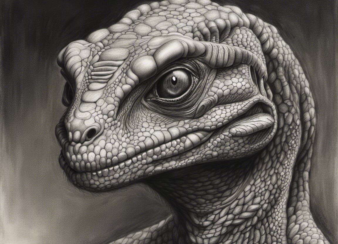 Detailed Charcoal Drawing of a Reptilian Alien