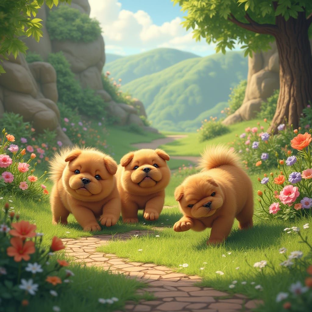 Chow Chow and Airedale Puppies in Whimsical Landscape