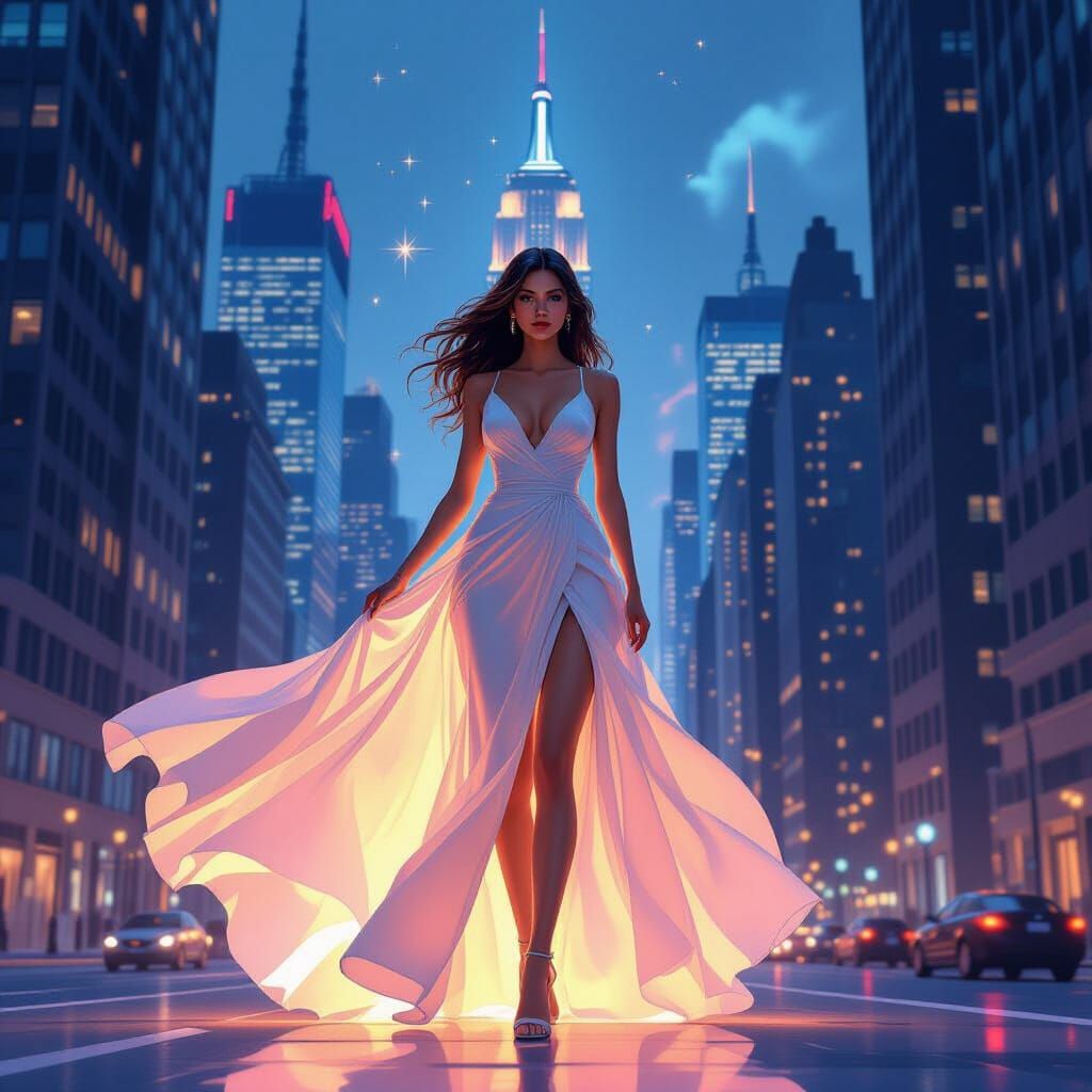 New York Personified as Luminous Spirit in Dreamlike Scene
