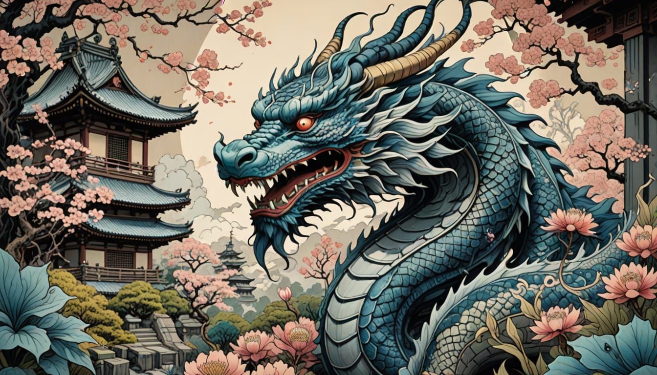 Japanese Dragon in Temple Garden, Ukiyo-e Style