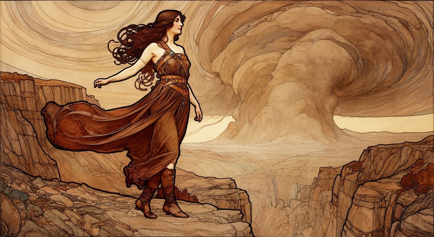 Woman Gazing at Storm in Art Nouveau Style