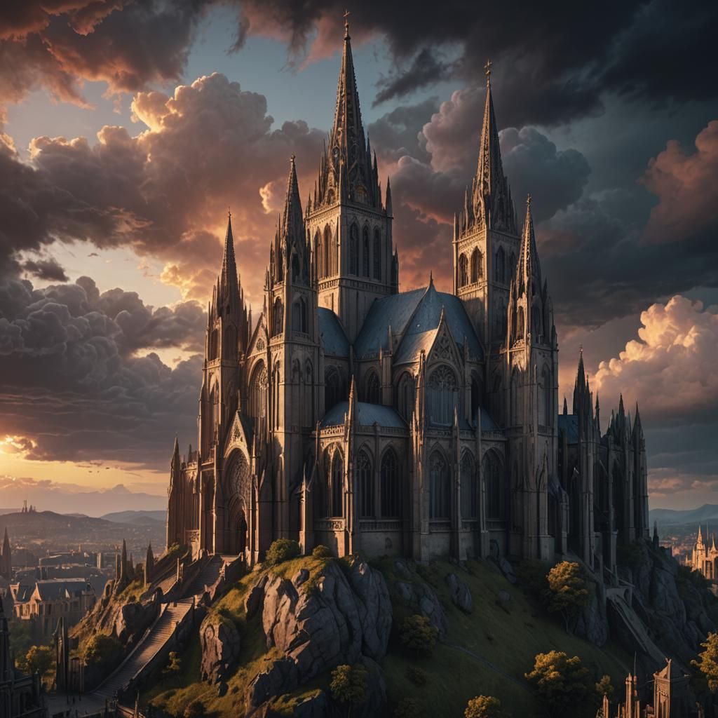 A gothic cathedral standing on the brow or a hill Dark clouds on the sunset horizon