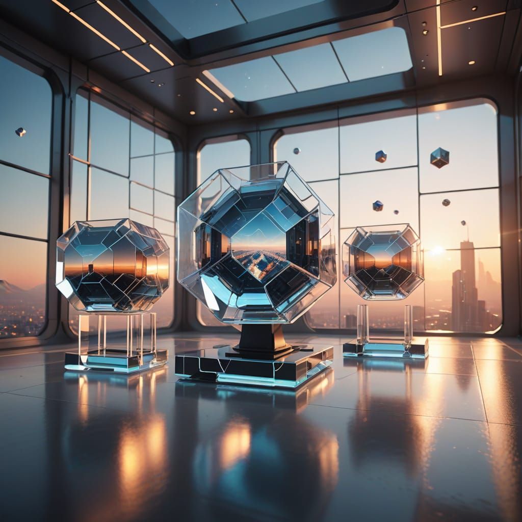 Breathtaking Futuristic Cityscape with Seven Transparent Cub...