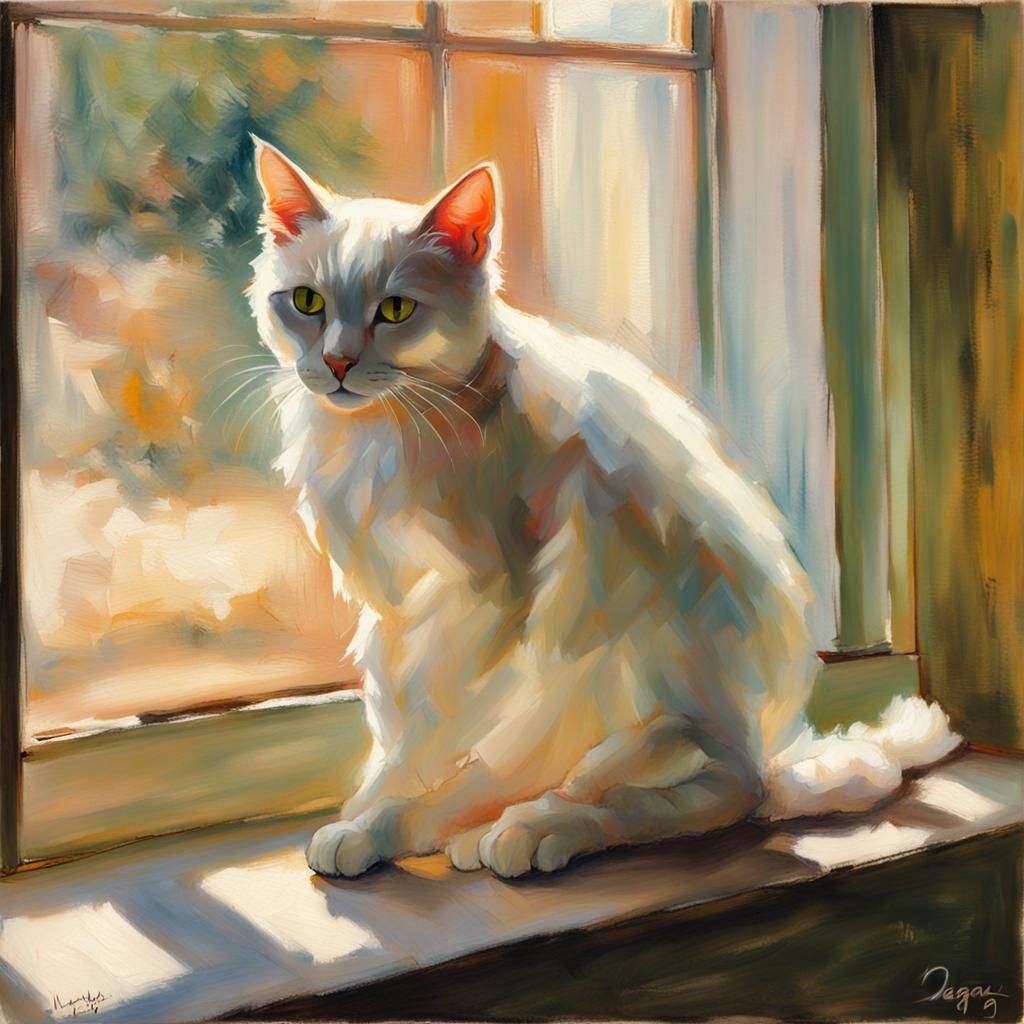 White Cat in Studio: Impressionist Style