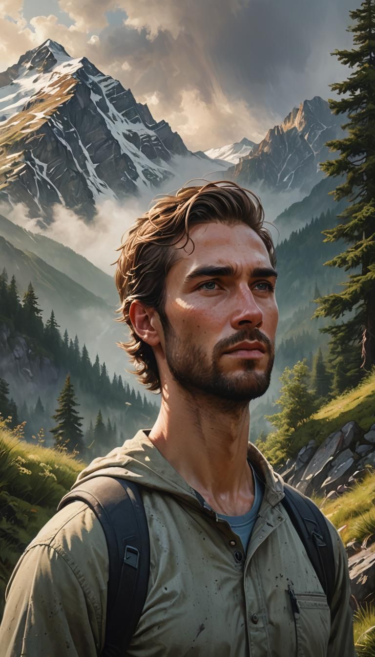 Young Man Walks Toward Mountain: Hyperrealistic Splash Art