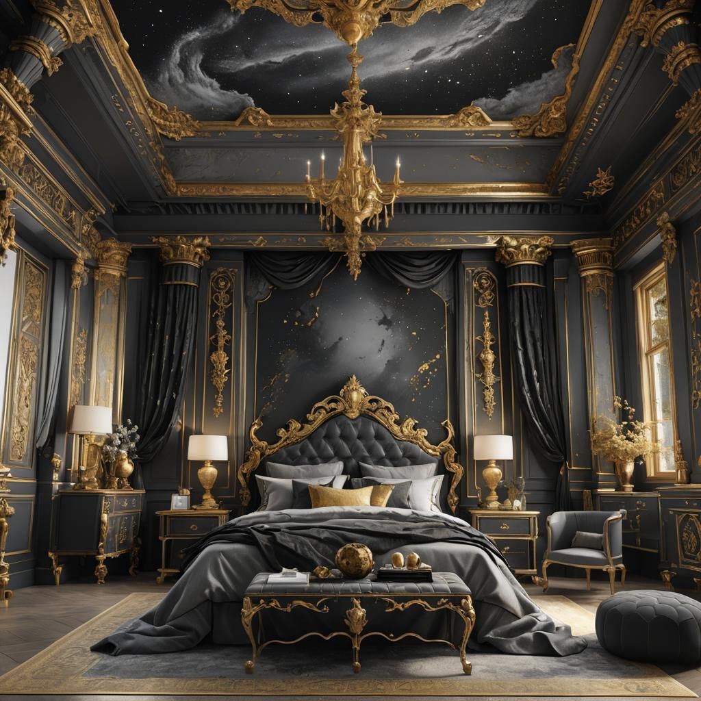 Bedroom with King Bed in Black, Grey, and Gold