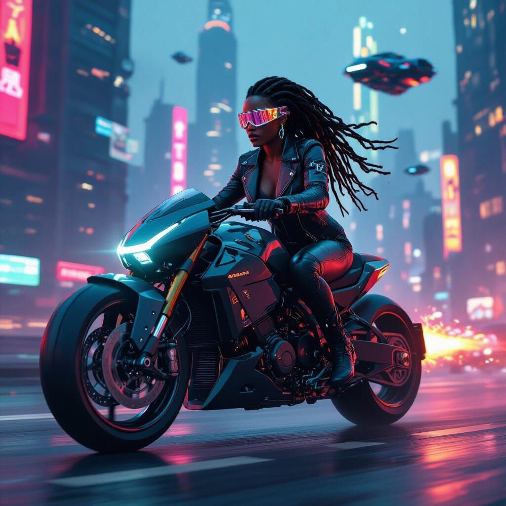 Cyberpunk Woman Rides Motorcycle in Neon City