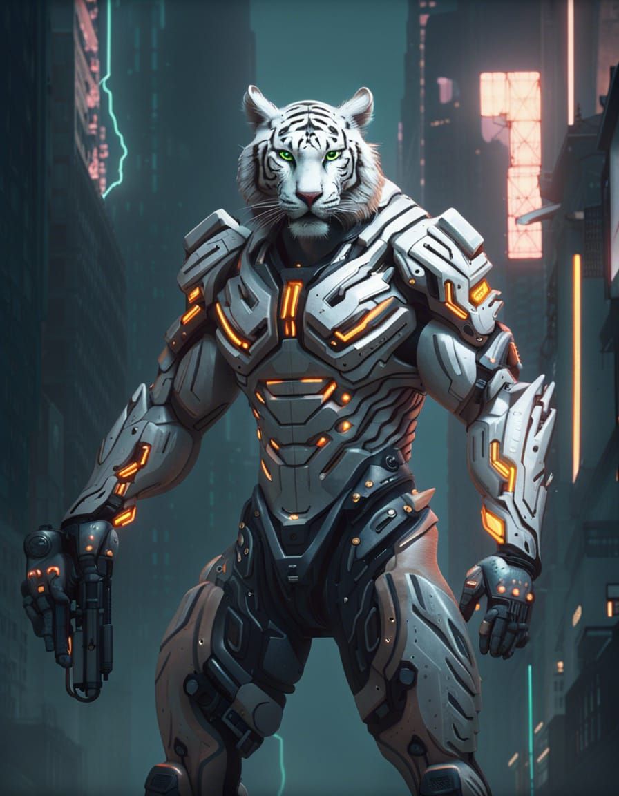Cyberpunk Tiger Warrior in Neon Cityscape