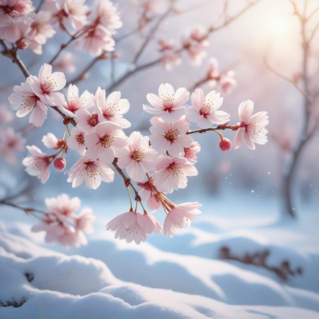 Sakura Snow Watercolor Painting: Ethereal Winter-Spring Blen...
