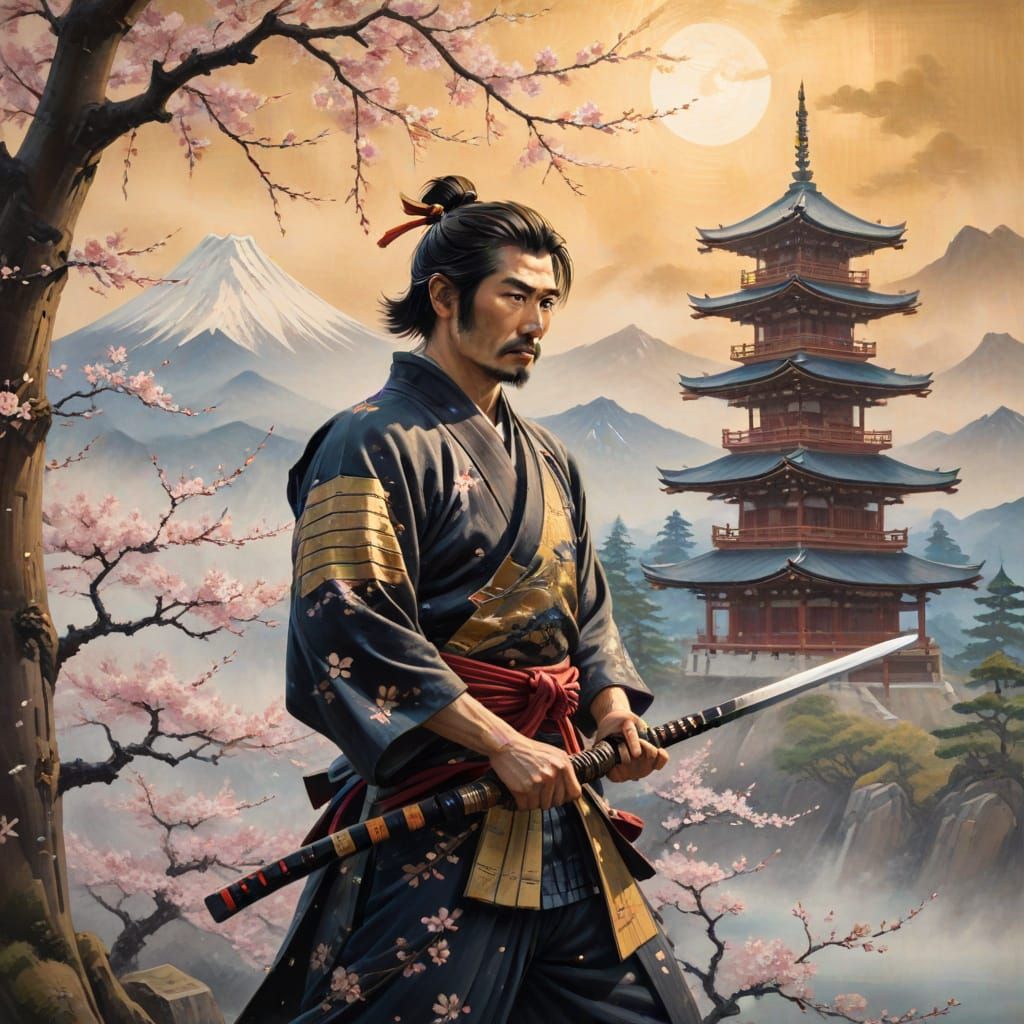 Samurai Warrior with Katana in Ukiyo-e Style