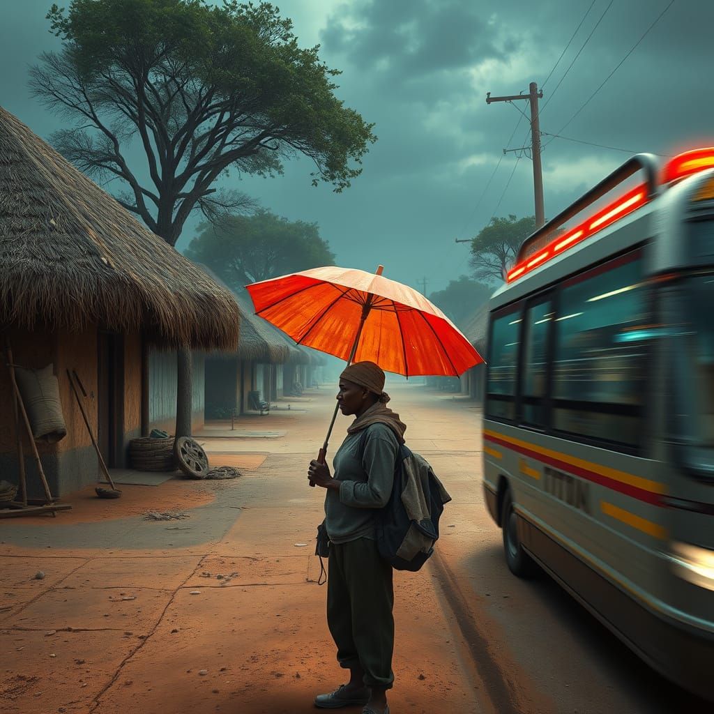 African Village Juxtaposed with Neon Future