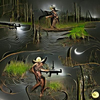 Cowboy with Rifle in Dark Swamp at Night