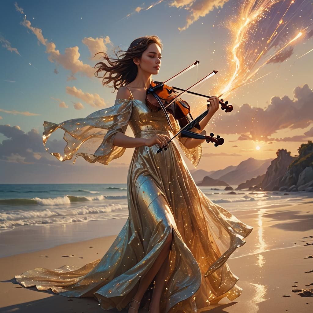 Woman Plays Violin on Beach in Digital Painting Style