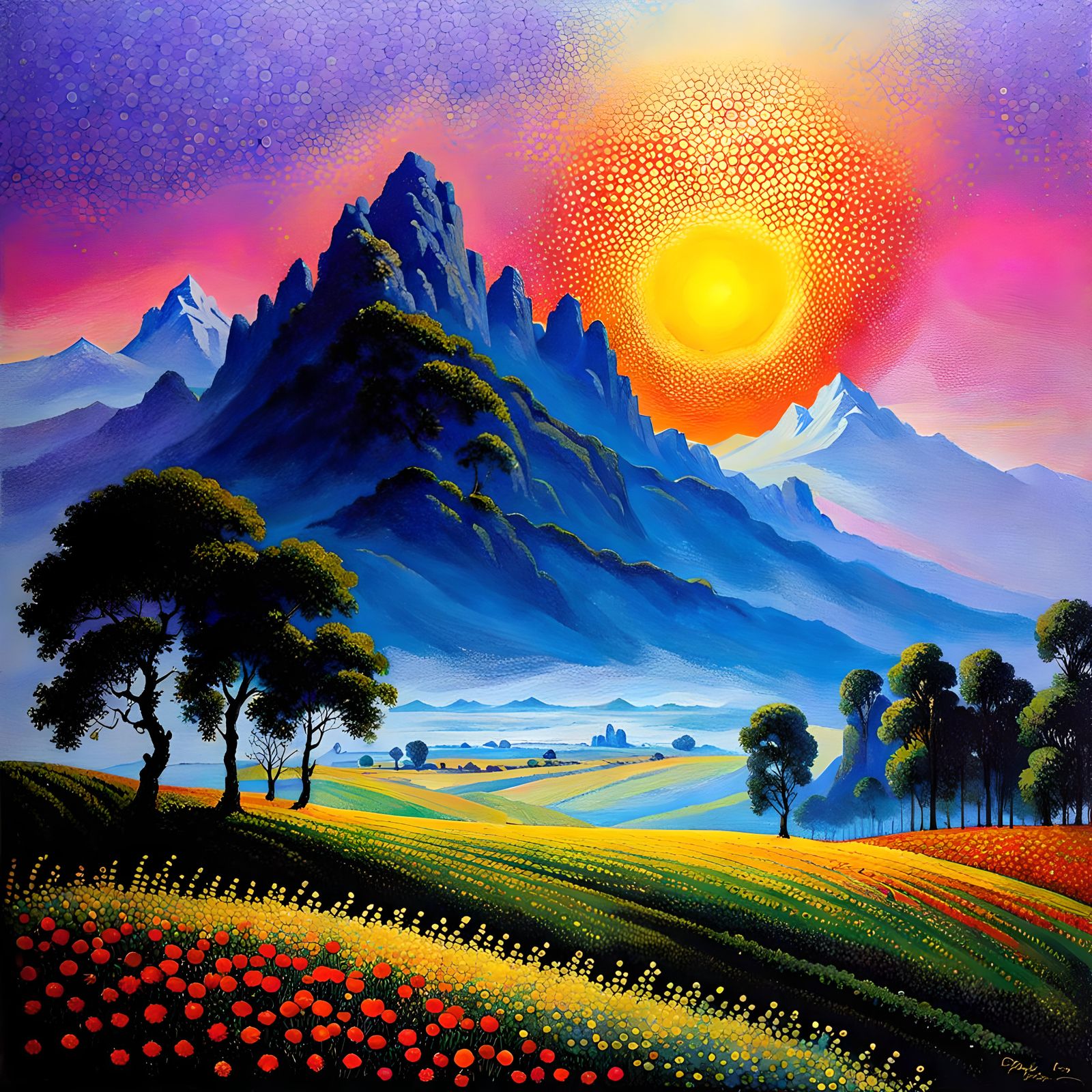 Pointillist Folk Art Landscape