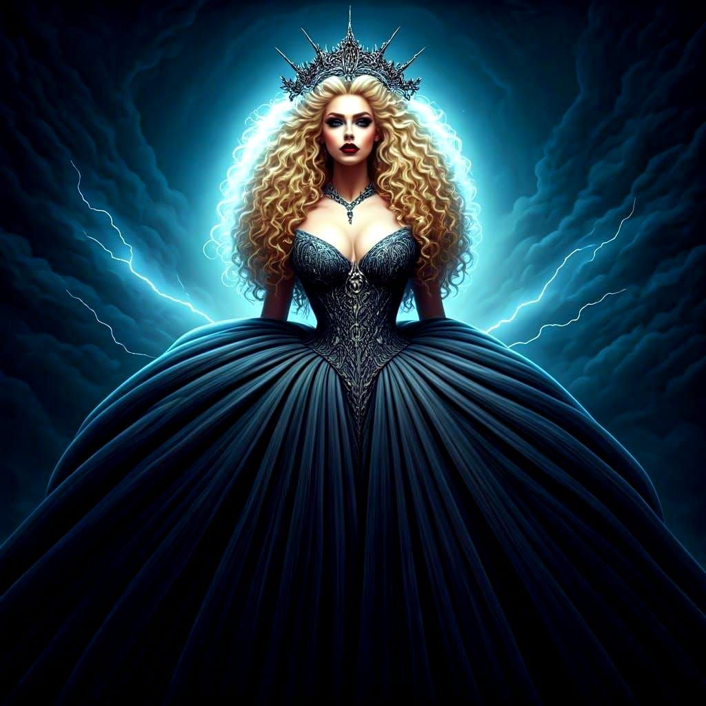 Goddess in Stunning Bat Crown, Lightning Background