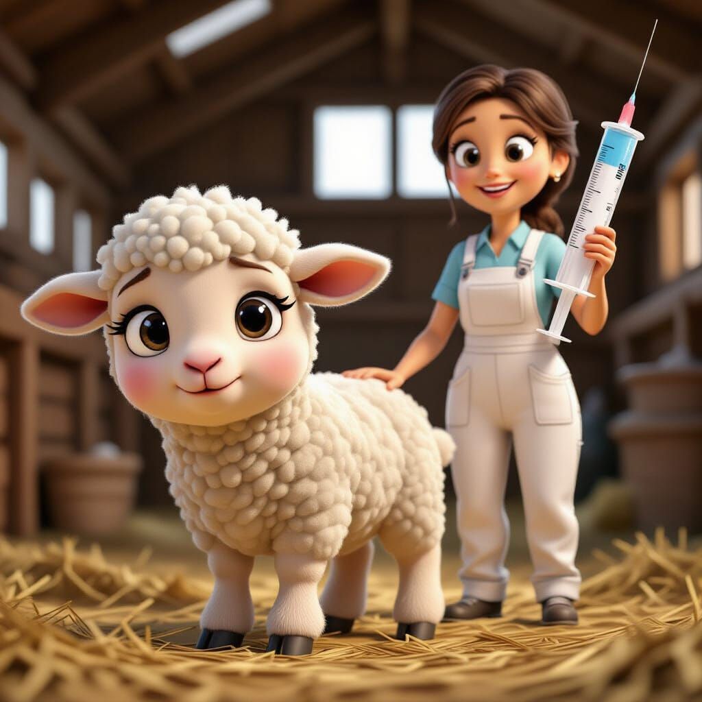 Worried Lamb and Vet: 3D Cartoon Render