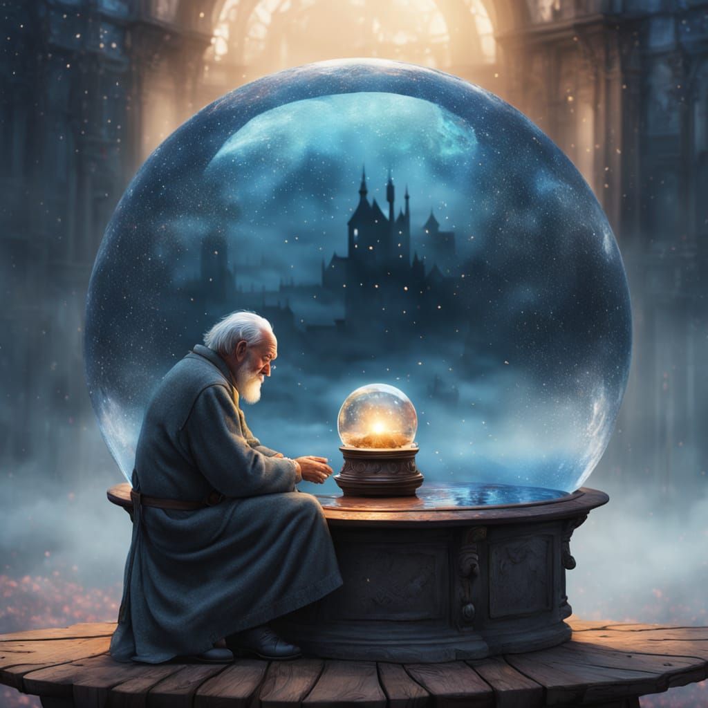 Mysterious Old Man Contemplates Fate Within Glass Orb