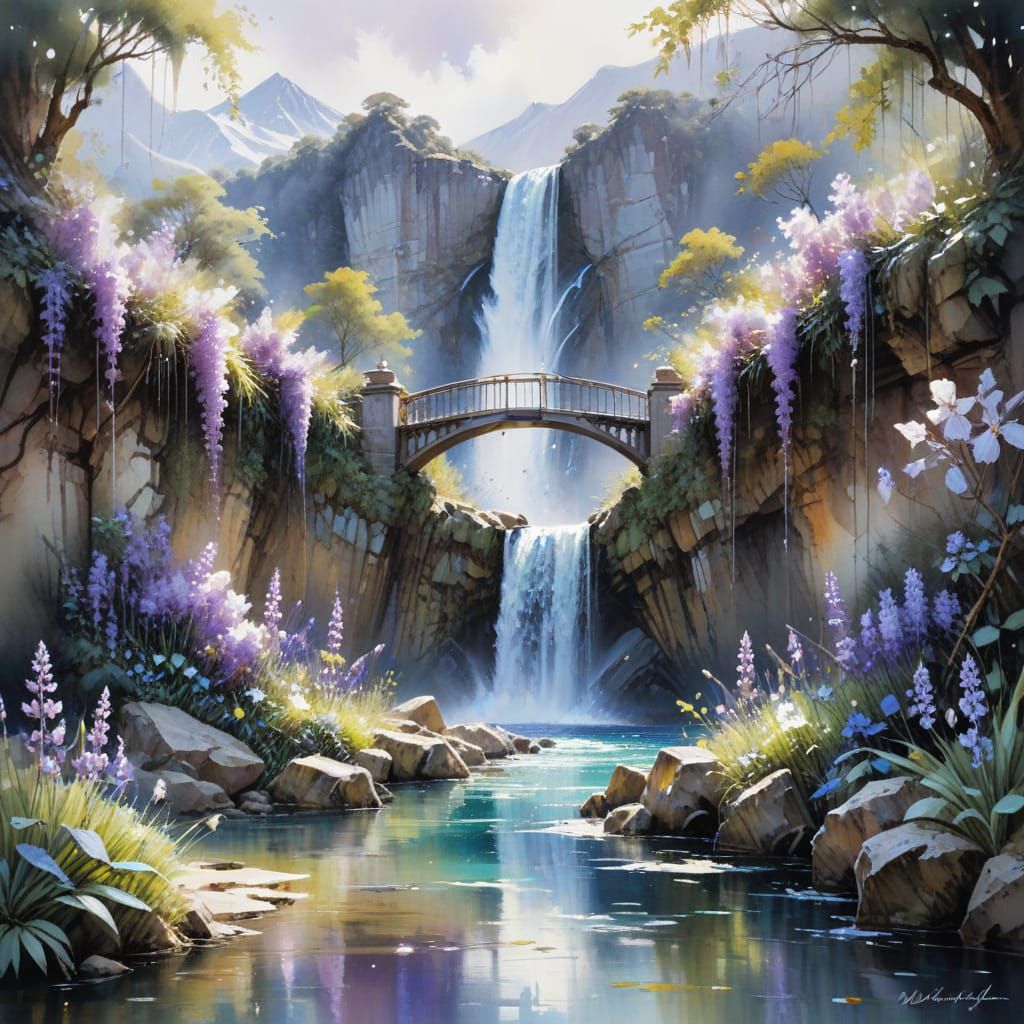 Romantic Waterfall Landscape with Wisteria and Snowy Peaks