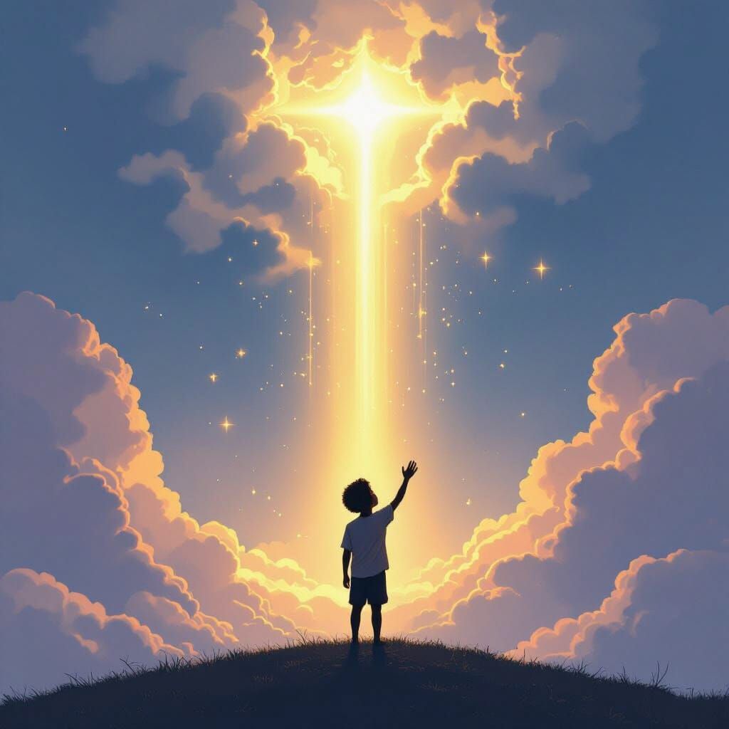 Divine Hand Reaching for Boy: Dreamy Surreal Art